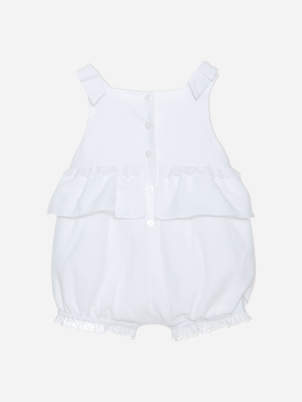 White Piquet Overall With Frills and Bows