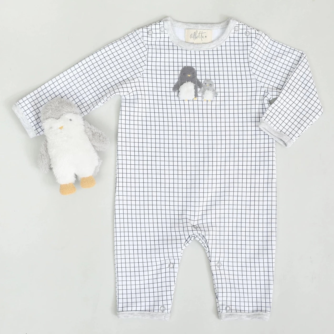 Baby Penguin Applique Grid Babygro