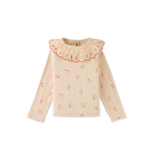 Printed Rib Tee with Embroidered Scallop Collar