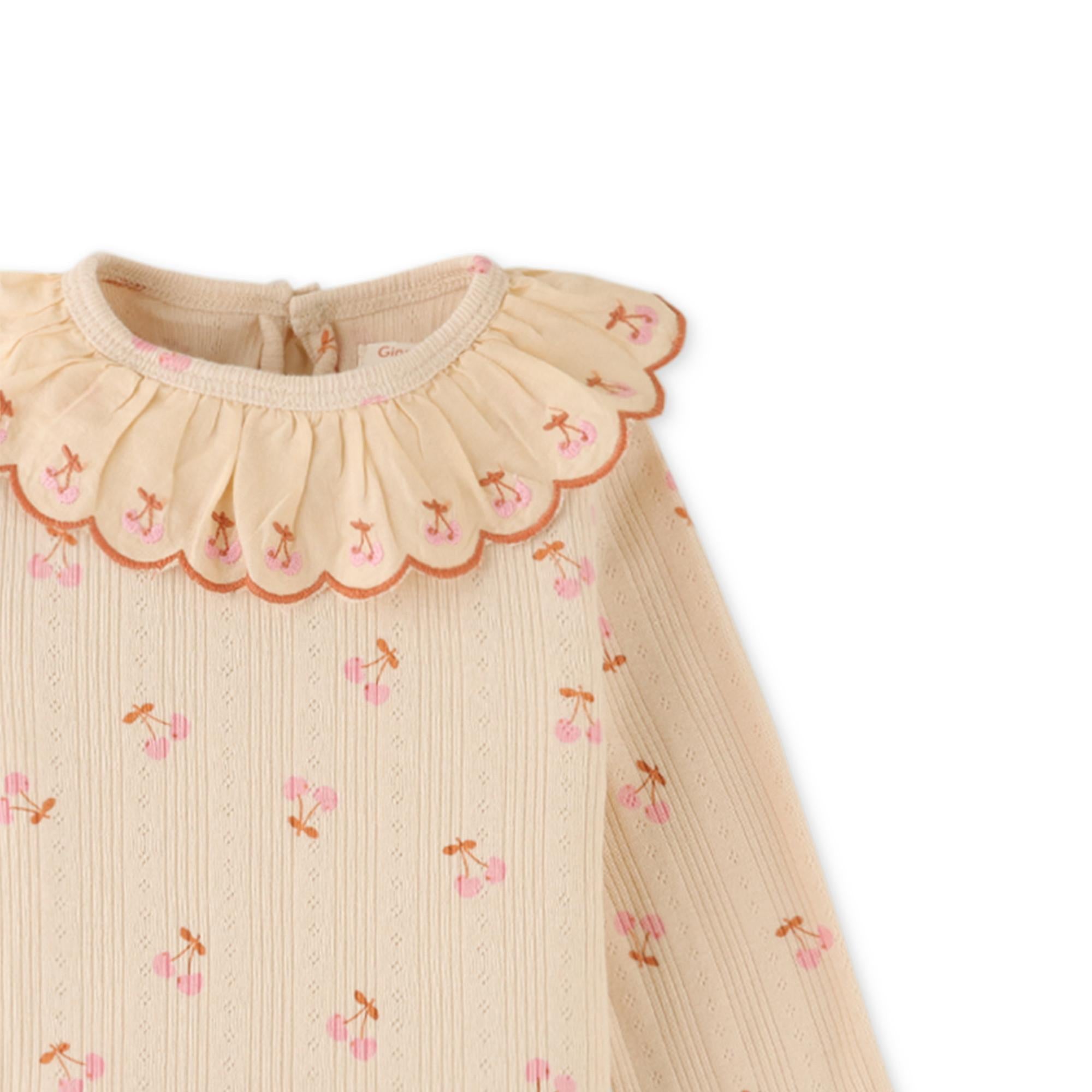 Printed Rib Tee with Embroidered Scallop Collar