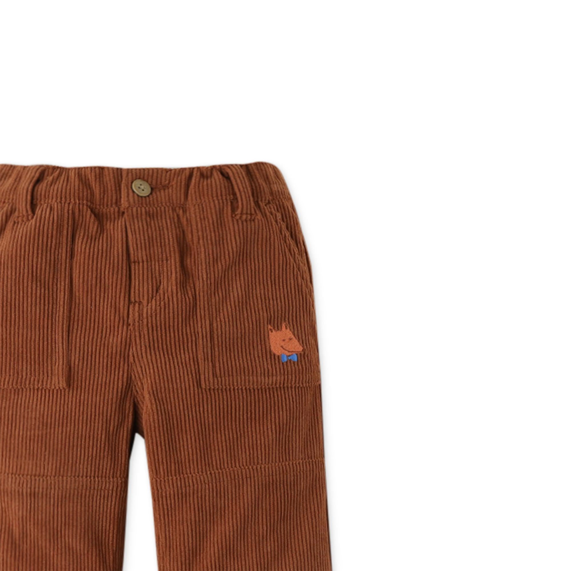 Corduroy Pants with Fox Embroidery