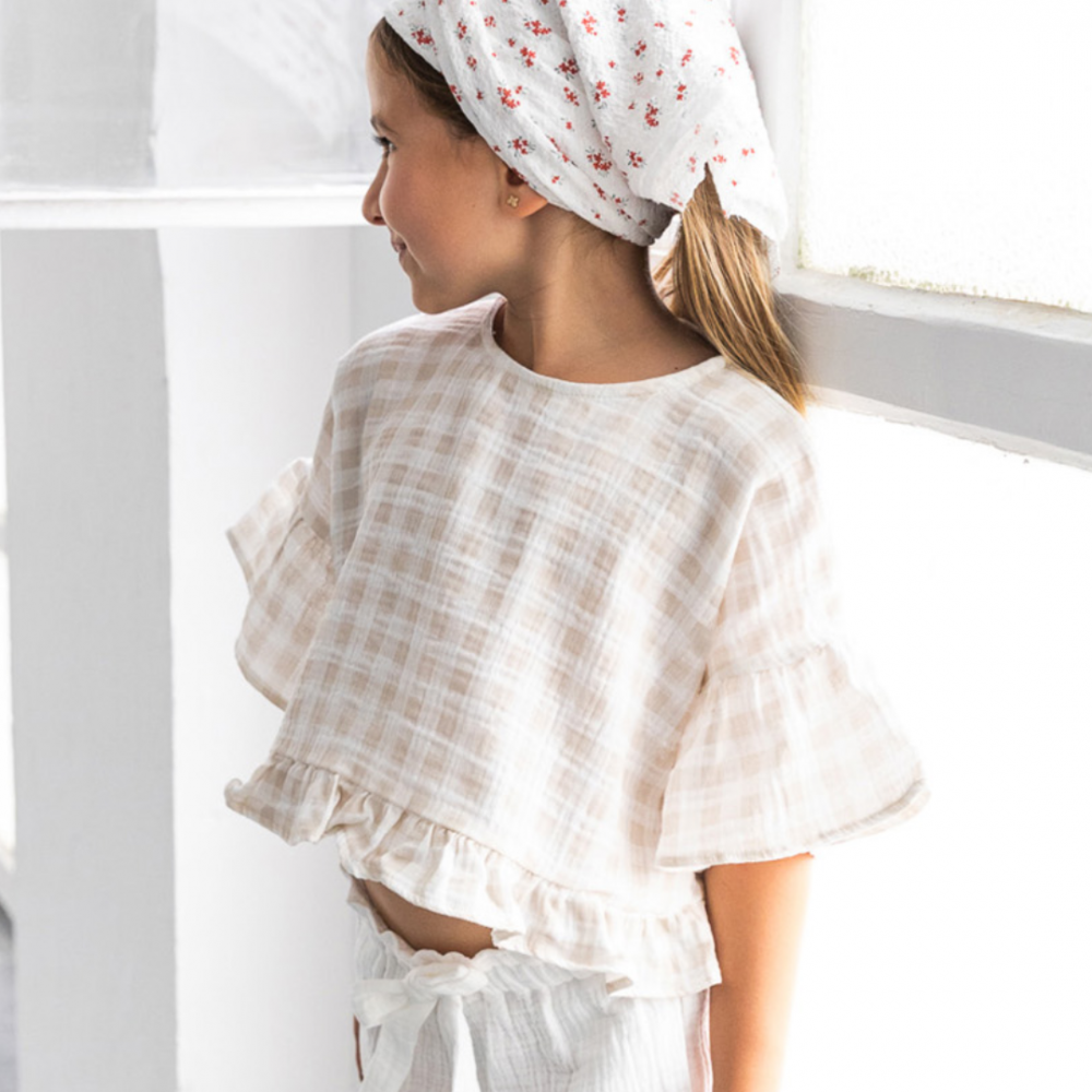 Gingham Flutter Sleeve Romantic Blouse