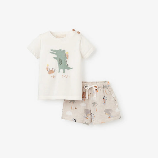 Alligator Knit Pullover + Seaside Safari Organic Muslin Short Set