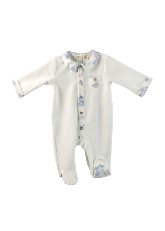 Toile Collared Velour Babygrow