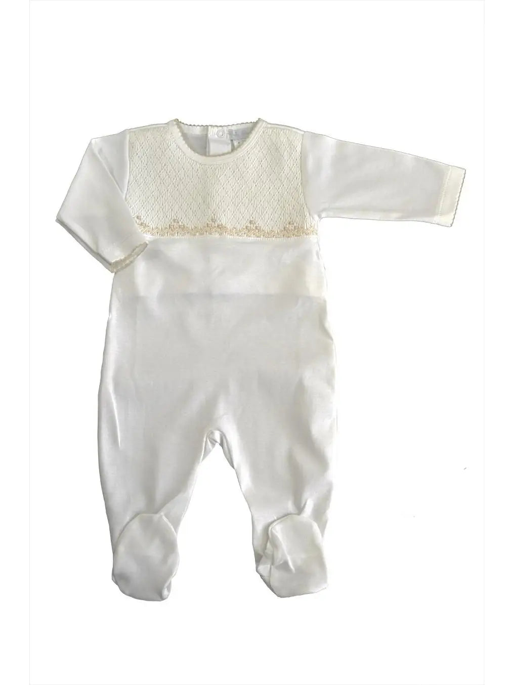 White and Ecru Pima Cotton Baby Footie with Ecru Picot Edge